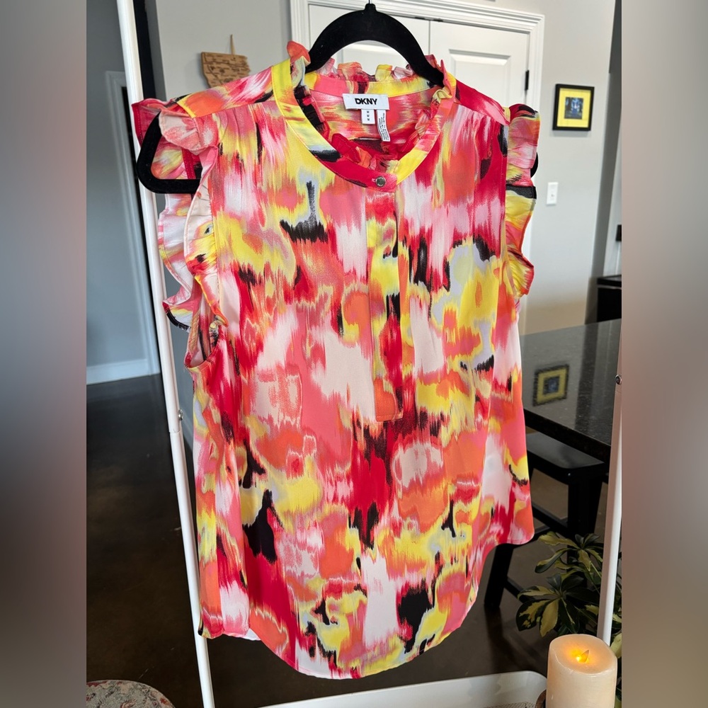 DKNY Vibrant Abstract Ruffle Blouse